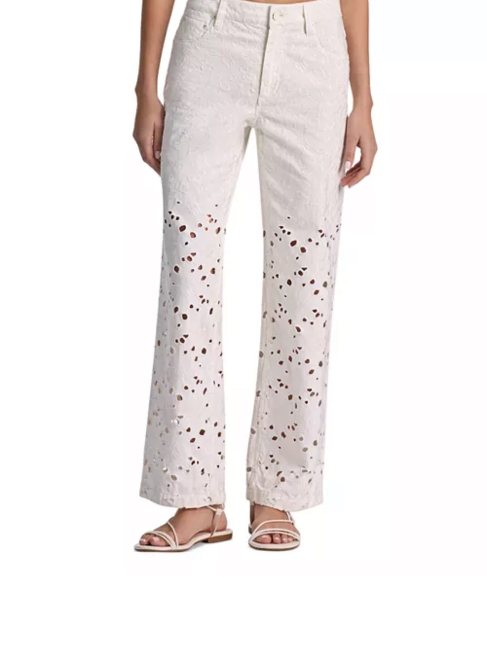 Alice + Olivia White Eyelet Jeans with Red Stitch Accents - Picture 3 of 14